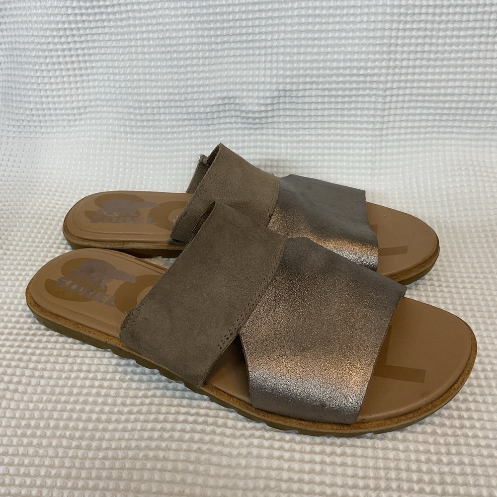 Sorel Ella II Slide Flat Sandal Beige Tan Metallic Size 8.5 M